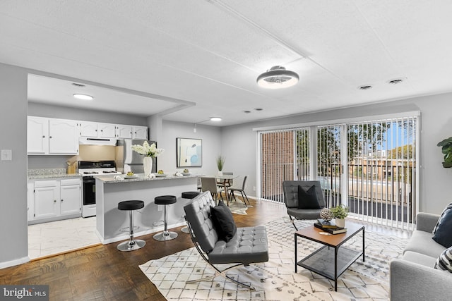 living room featuring a textured ceiling and parquet floors