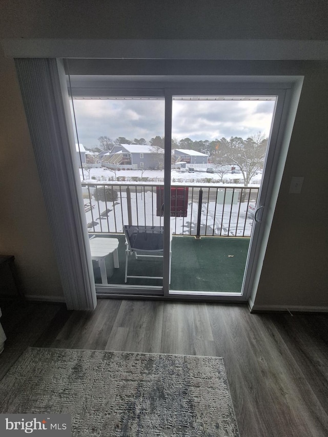 doorway with plenty of natural light and dark hardwood / wood-style floors