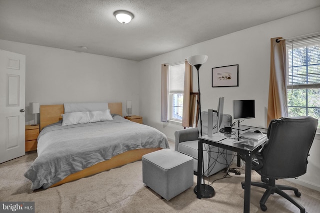 bedroom with a textured ceiling and carpet flooring