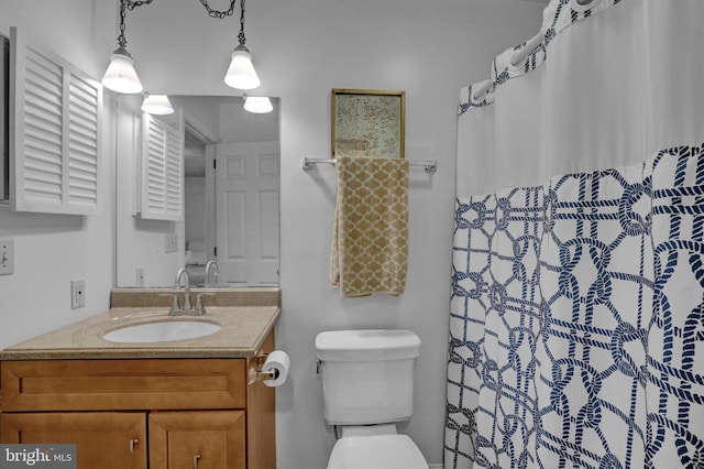 full bathroom featuring vanity, toilet, and a shower with curtain