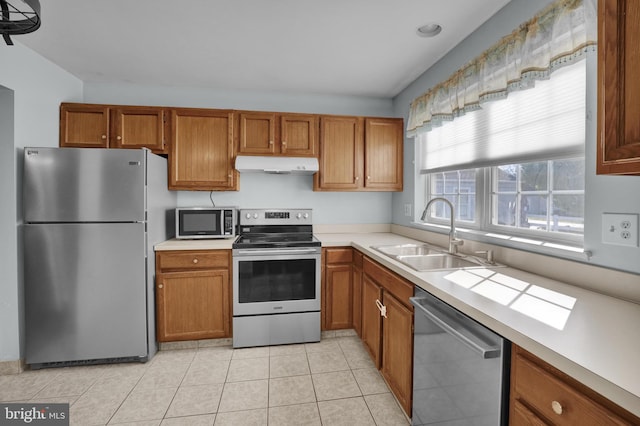 kitchen featuring a sink, brown cabinets, under cabinet range hood, and stainless steel appliances