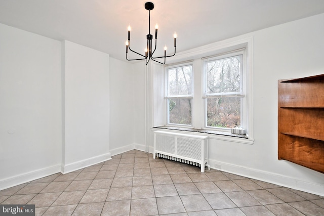 unfurnished dining area with radiator, light tile patterned floors, and a notable chandelier