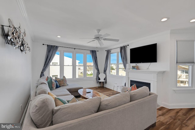 694 21st St, Avalon, NJ 08202 - living area featuring ceiling fan, ornamental molding, and baseboards