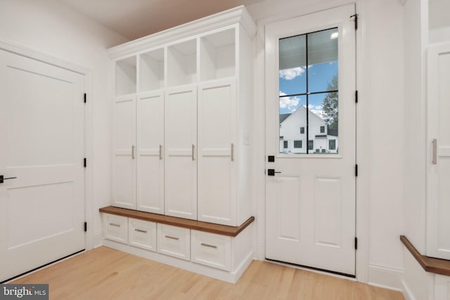 mudroom with light hardwood / wood-style flooring