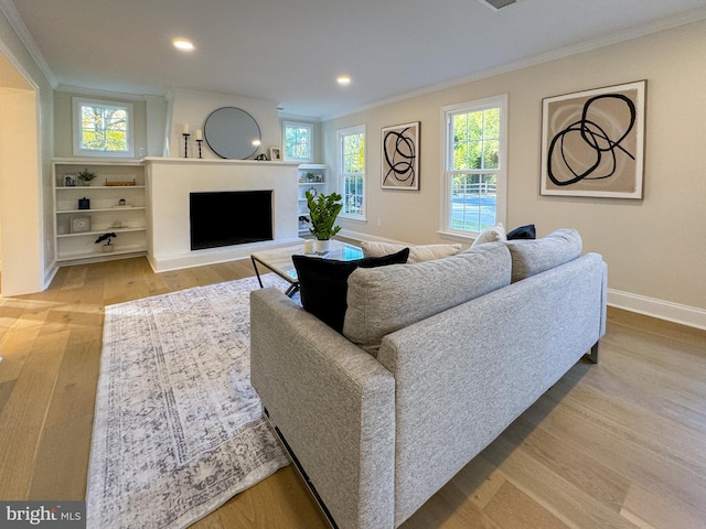 living room with light hardwood / wood-style floors, ornamental molding, and plenty of natural light