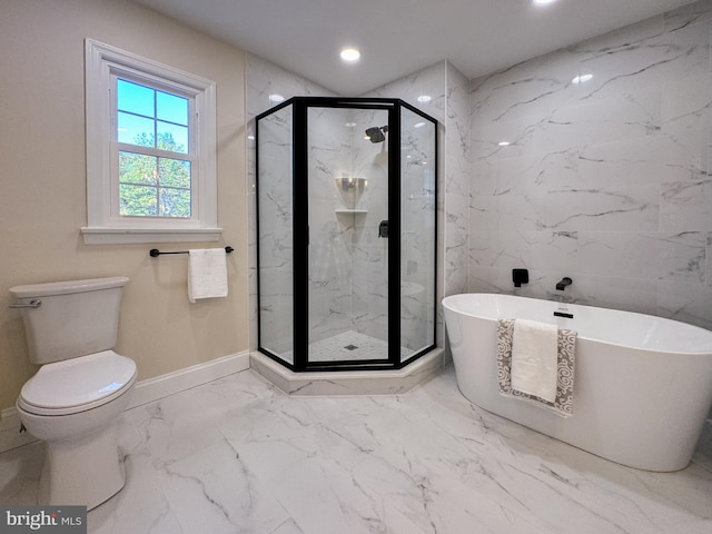 bathroom with toilet and plus walk in shower