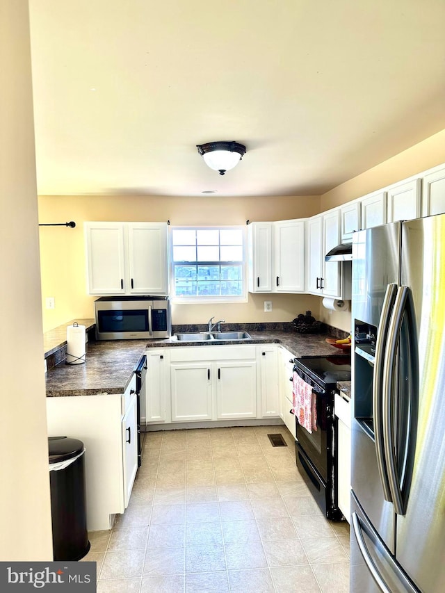 kitchen with white cabinets, black appliances, and sink