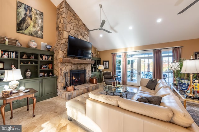 living area with recessed lighting, high vaulted ceiling, a fireplace, and a ceiling fan