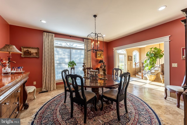 dining space with a wealth of natural light, baseboards, and recessed lighting