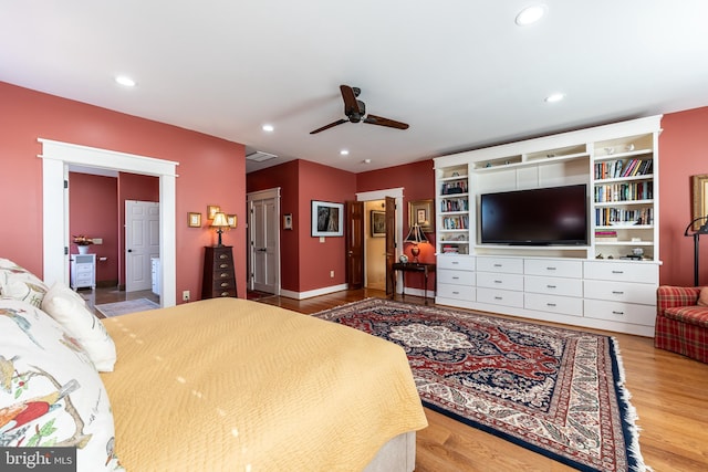 bedroom featuring recessed lighting, ceiling fan, baseboards, and wood finished floors