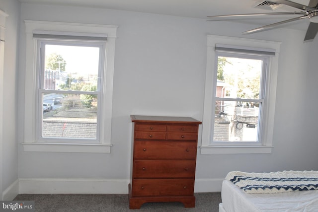 bedroom featuring carpet floors and ceiling fan