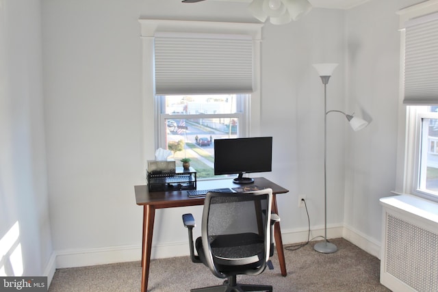 carpeted home office featuring radiator and a healthy amount of sunlight