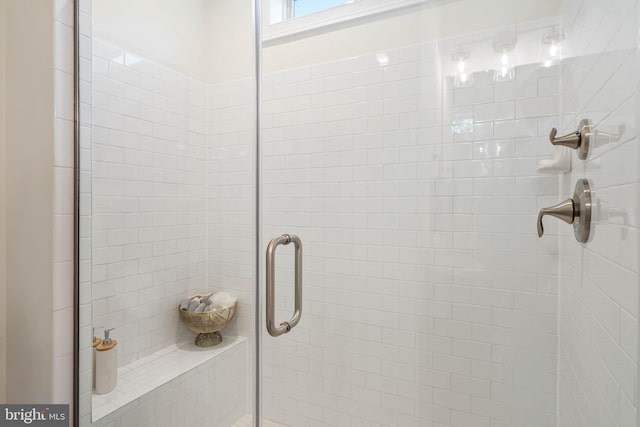 bathroom featuring a shower with shower door