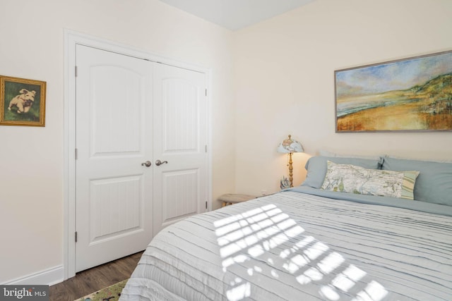 bedroom with dark wood-type flooring and a closet