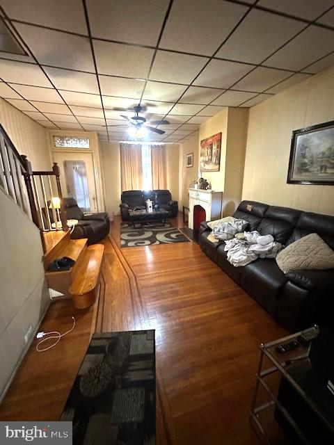 living room featuring ceiling fan, a drop ceiling, and hardwood / wood-style floors