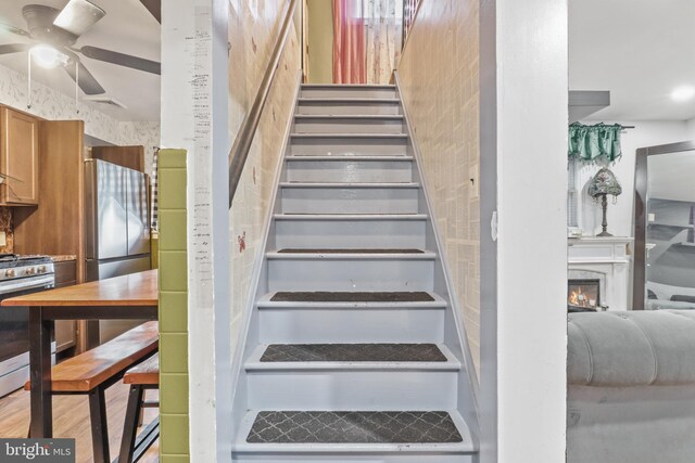 stairway featuring ceiling fan and wood-type flooring