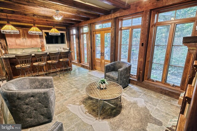 995 Black Gap Rd, Fayetteville, PA 17222 - living room with a wealth of natural light, french doors, indoor wet bar, and beamed ceiling