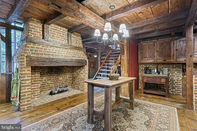 995 Black Gap Rd, Fayetteville, PA 17222 - interior space with wood ceiling, stairway, hardwood / wood-style floors, beam ceiling, and a notable chandelier