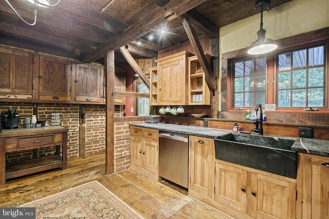 kitchen featuring beam ceiling, wooden ceiling, sink, stainless steel dishwasher, and light hardwood / wood-style floors