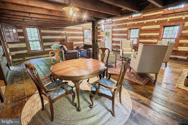 dining space featuring beamed ceiling, dark wood-type flooring, and wooden walls