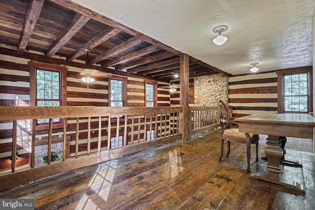 995 Black Gap Rd, Fayetteville, PA 17222 - interior space featuring beam ceiling, wooden walls, plenty of natural light, and hardwood / wood-style flooring