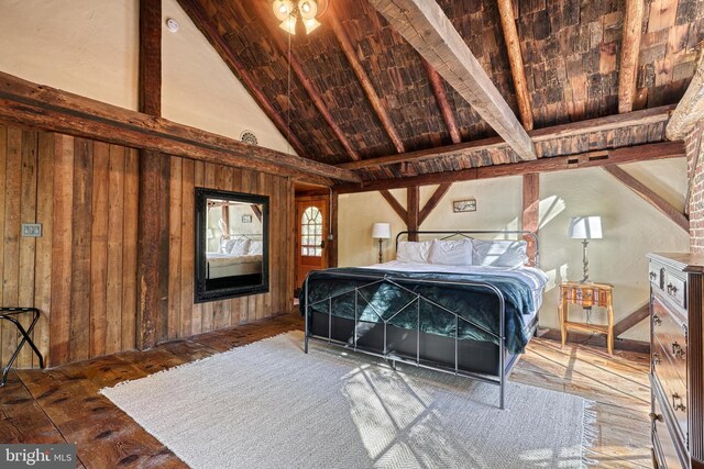 995 Black Gap Rd, Fayetteville, PA 17222 - bedroom featuring wood ceiling, beamed ceiling, wood walls, wood-type flooring, and high vaulted ceiling