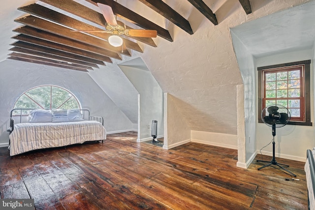 bedroom with multiple windows, dark hardwood / wood-style floors, and ceiling fan