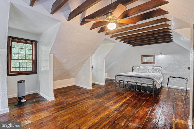 bedroom featuring vaulted ceiling with beams, dark wood-type flooring, and ceiling fan