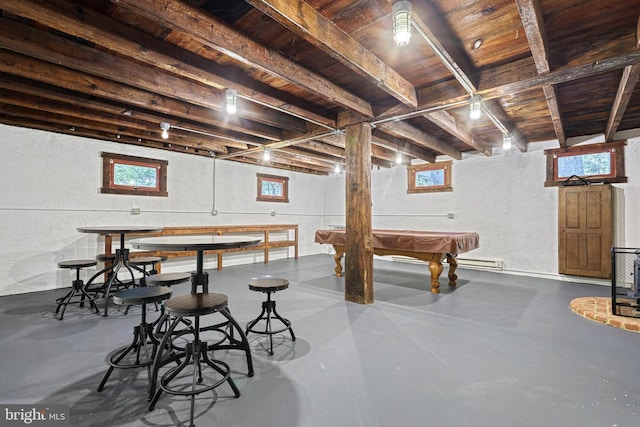 995 Black Gap Rd, Fayetteville, PA 17222 - rec room featuring billiards, wooden ceiling, a healthy amount of sunlight, and finished concrete floors