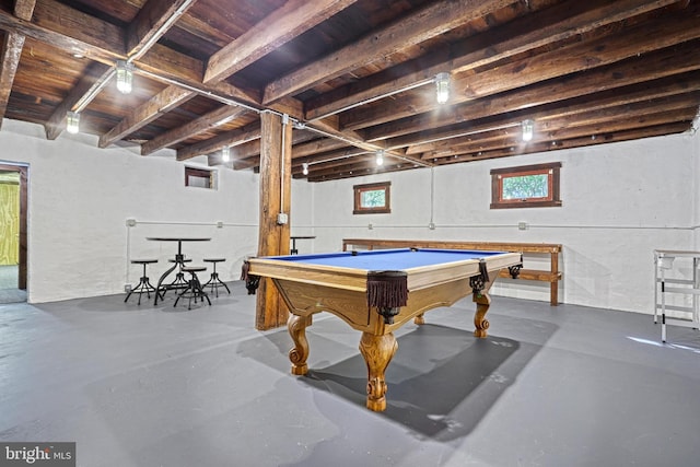 995 Black Gap Rd, Fayetteville, PA 17222 - rec room featuring plenty of natural light, wood ceiling, pool table, and finished concrete floors
