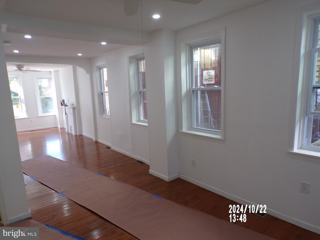 foyer with ceiling fan and wood-type flooring