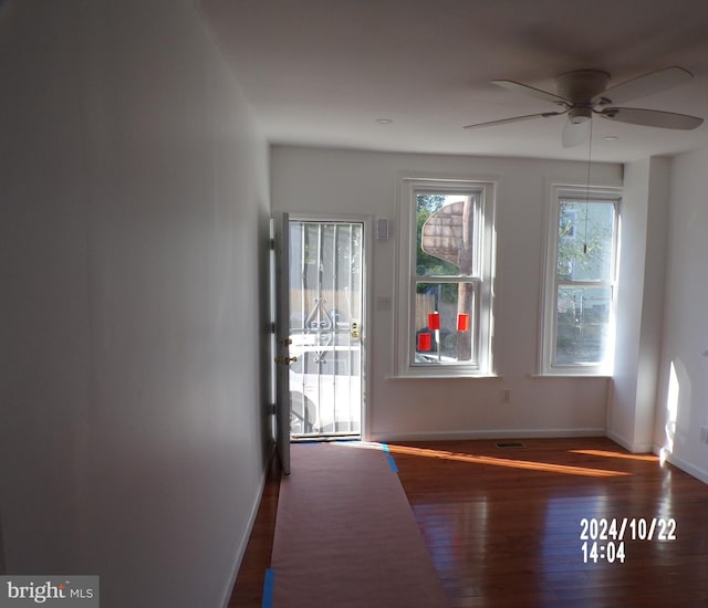 empty room with ceiling fan and dark hardwood / wood-style floors