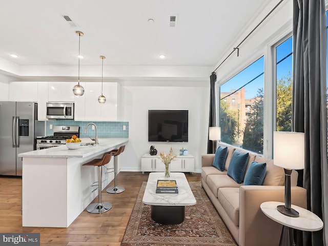 living room with hardwood / wood-style flooring and sink