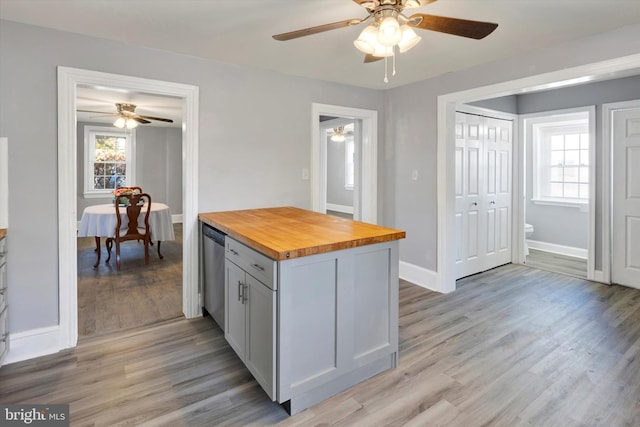 kitchen with dishwasher, wood counters, ceiling fan, light hardwood / wood-style floors, and gray cabinets