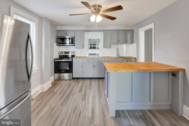 kitchen featuring appliances with stainless steel finishes, wood counters, gray cabinetry, and light hardwood / wood-style floors