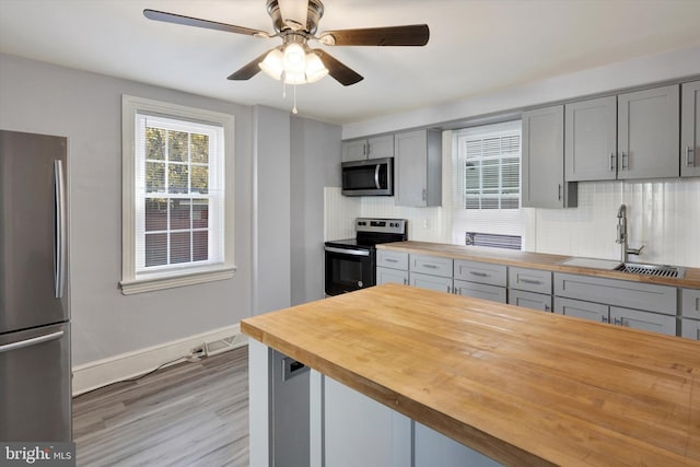 kitchen with gray cabinets, wood counters, tasteful backsplash, and stainless steel appliances