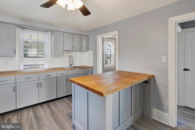 kitchen featuring gray cabinets, butcher block counters, light hardwood / wood-style floors, and tasteful backsplash