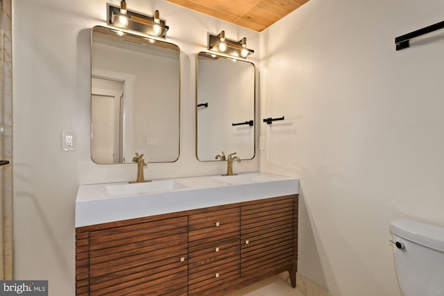 bathroom with vanity, toilet, and wood ceiling