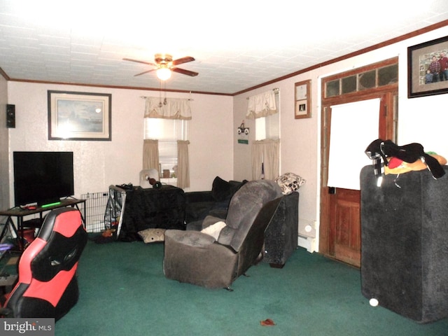 living room featuring carpet, ceiling fan, and ornamental molding