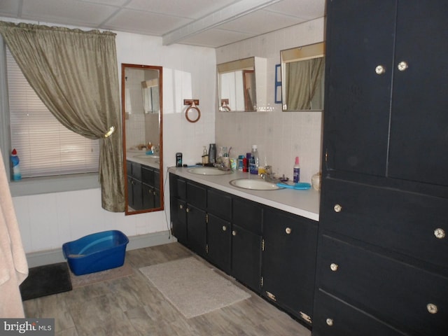 full bath with double vanity, wood finished floors, a drop ceiling, and a sink
