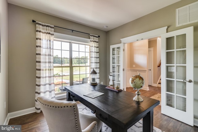 home office featuring dark hardwood / wood-style floors