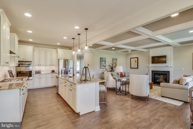 kitchen with a large island, pendant lighting, light wood-type flooring, and stainless steel appliances