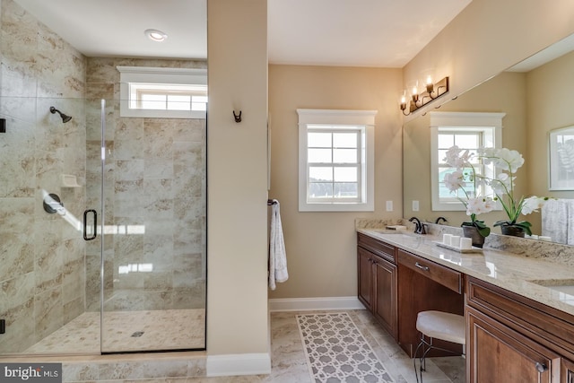 bathroom with vanity, tile patterned floors, and an enclosed shower