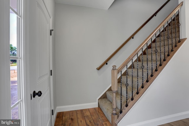 staircase with hardwood / wood-style floors