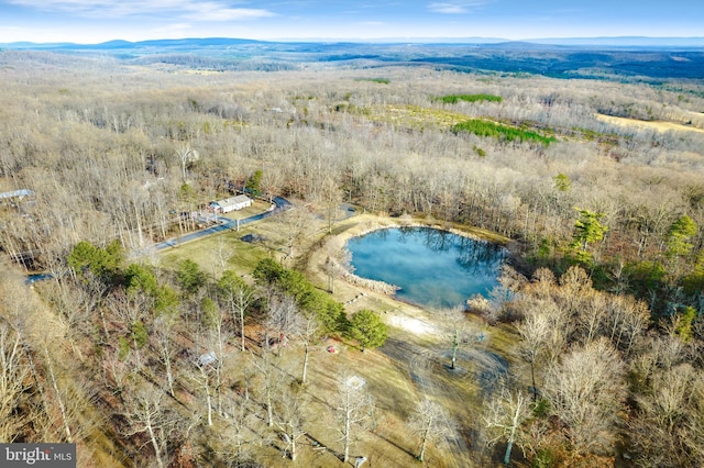 drone / aerial view featuring a water and mountain view