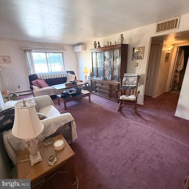 carpeted living room with a wall unit AC and baseboard heating