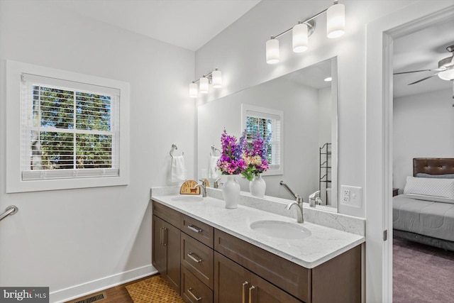 bathroom with ceiling fan, hardwood / wood-style floors, and vanity