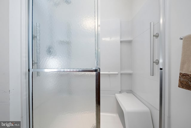 bathroom with a shower with shower door