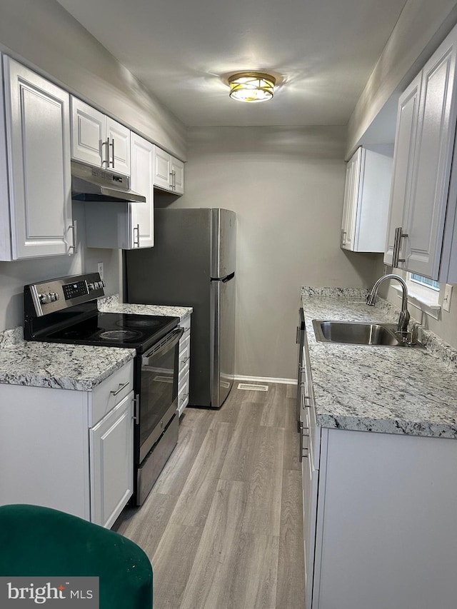 kitchen featuring light stone countertops, sink, light wood-type flooring, stainless steel electric range, and white cabinets