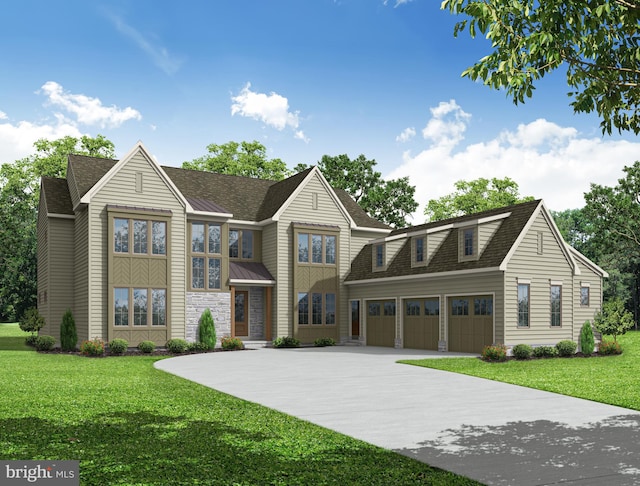 view of front of home with a garage and a front lawn